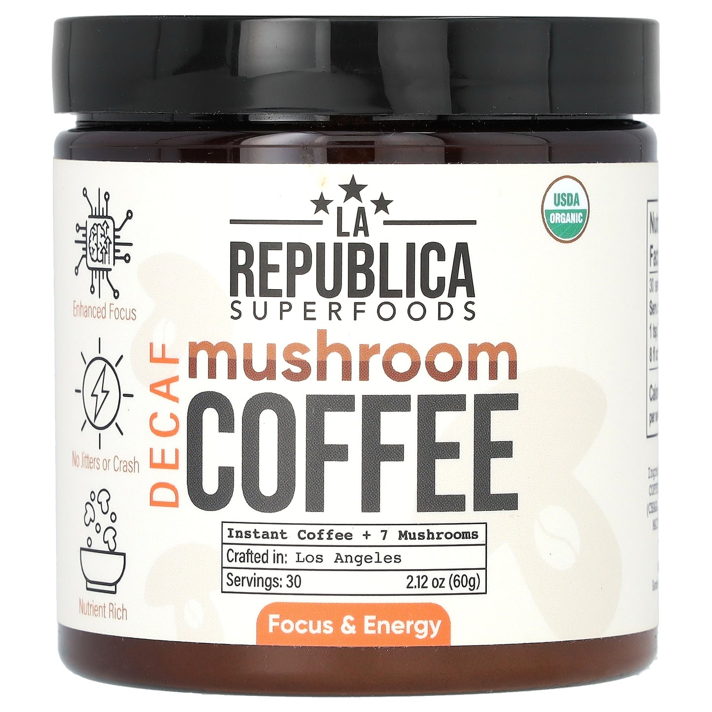 La Republica, Mushroom Coffee, Instant Coffee + 7 Mushrooms, Decaf, 2.12 oz (60 g)