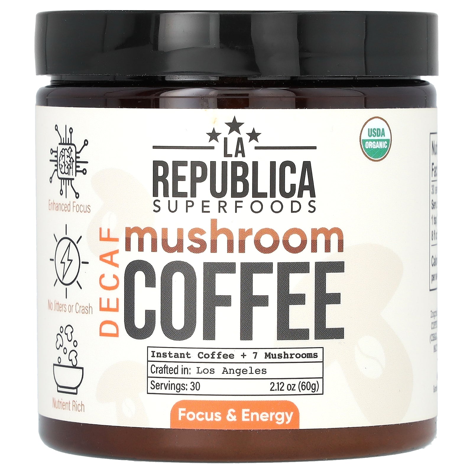 La Republica, Mushroom Coffee, Instant Coffee + 7 Mushrooms, Decaf, 2.12 oz (60 g)