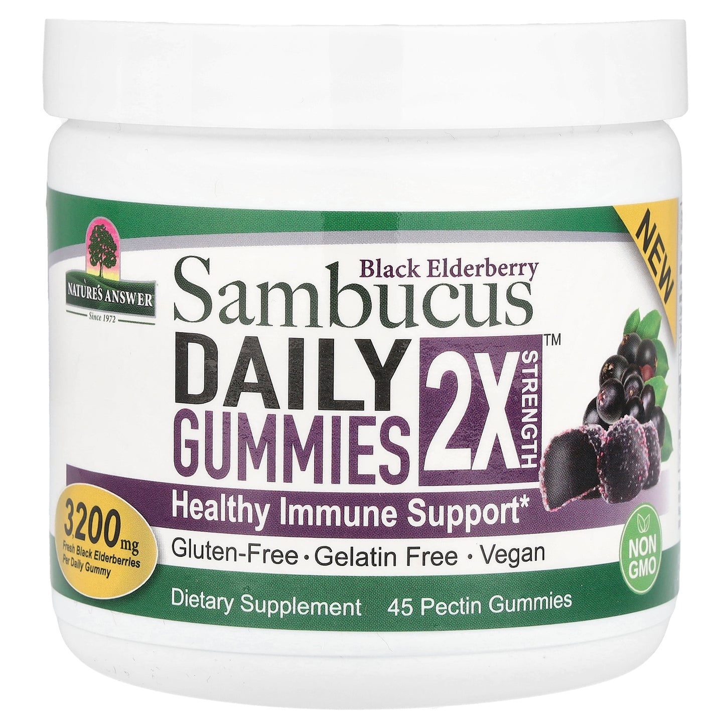 Nature's Answer, Black Elderberry Sambucus Daily Gummies, 2X Strength, 3,200 mg, 45 Pectin Gummies