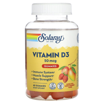 Solaray, Vitamin D3 Gummies, Natural Peach, Mango & Strawberry, 2,000 IU, 60 Gummies (1,000 IU per Gummy)