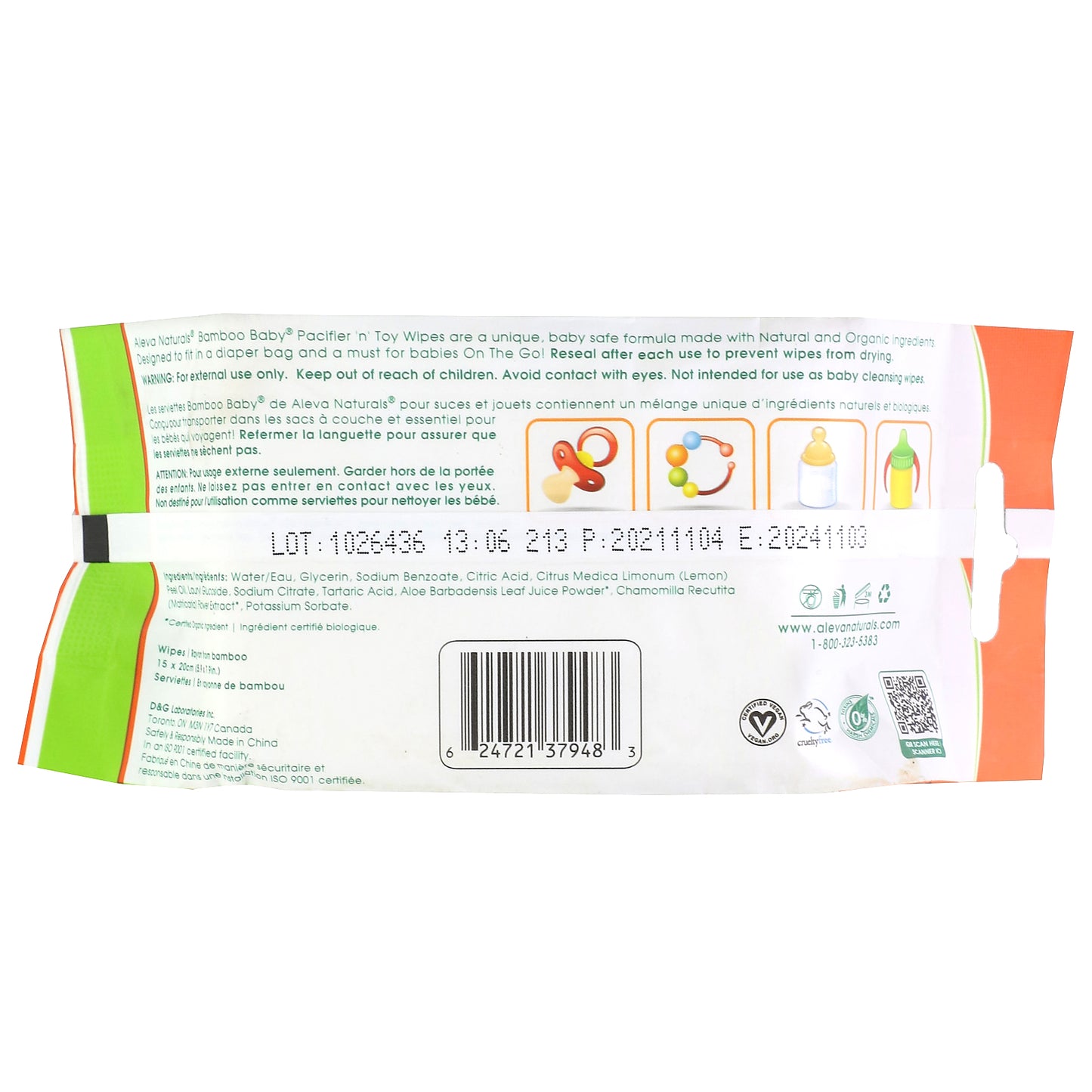 Aleva Naturals, Bamboo Baby, Pacifier 'n' Toy Wipes, 30 Wipes