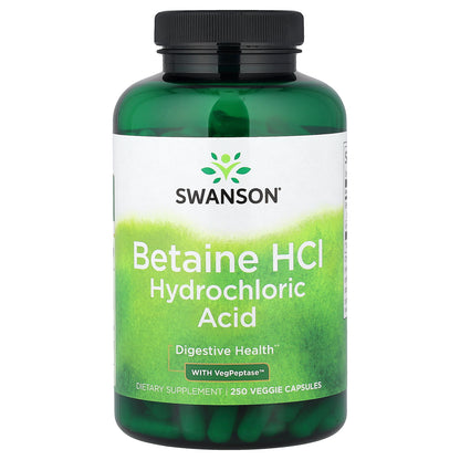 Swanson, Betaine HCl Hydrochloric Acid with VegPeptase™, 250 Veggie Capsules