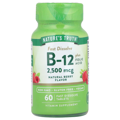 Nature's Truth, Vitamin B-12 plus Folic Acid, Natural Berry, 2,500 mcg, 60  Fast Dissolve Tablets