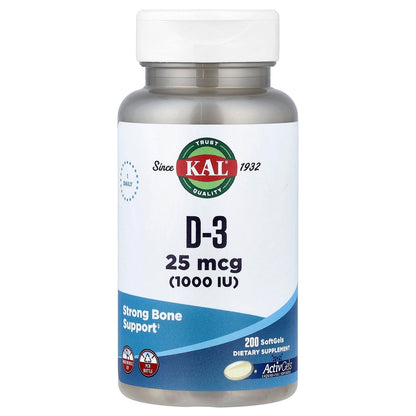 KAL, Vitamin D-3, 200 Softgels