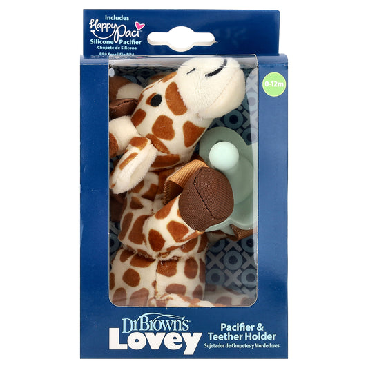 Dr. Brown's, Lovey, Happy Paci™, Silicone Pacifier & Teether Holder, 0-12 Months +, Giraffe, 2 Piece Set
