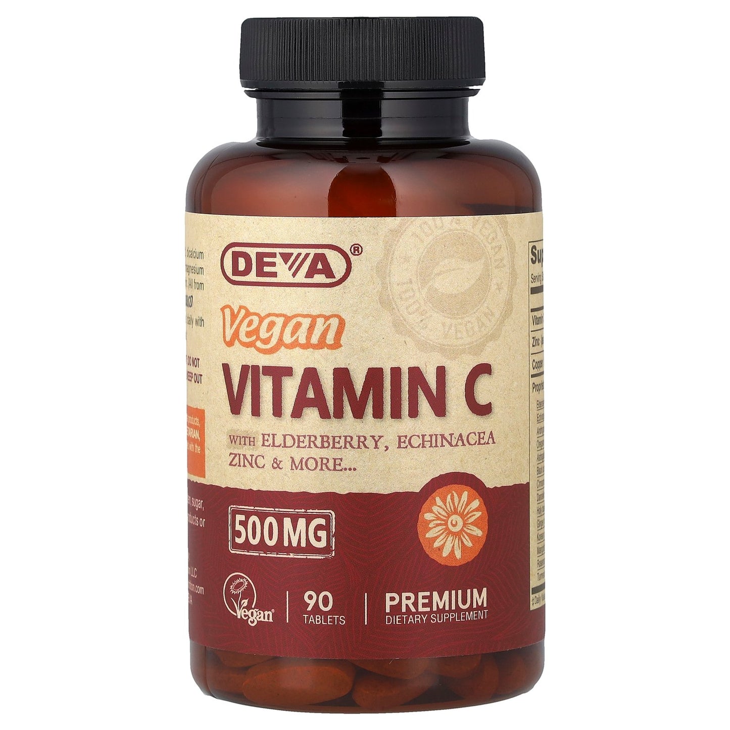 Deva, Vegan Vitamin C with Elderberry, Echinacea, Zinc, 90 Tablets