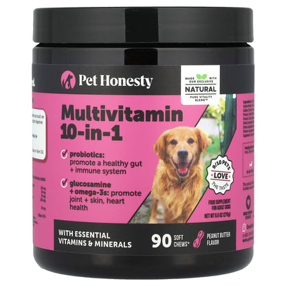Pet Honesty, Multivitamin 10-in-1, For Adult Dogs, Peanut Butter, 90 Soft Chews, 9.5 oz (270 g)