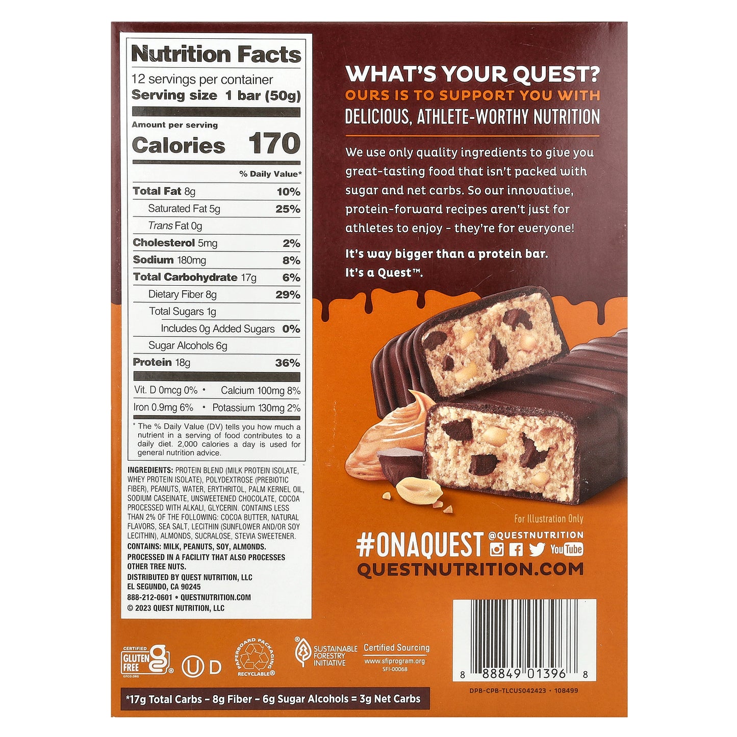 Quest Nutrition, Protein Bar, Dipped Chocolate Peanut Butter, 12 Bars, 1.76 oz (50 g) Each