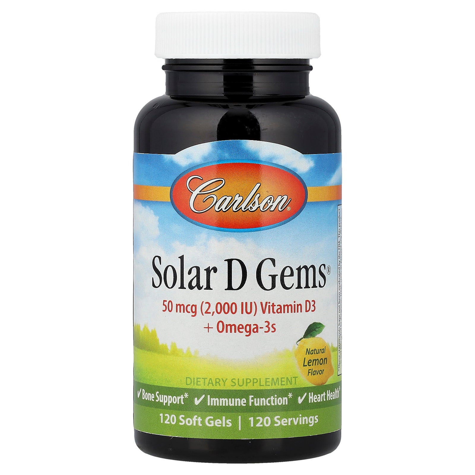 Carlson, Solar D Gems®, Vitamin D3 + Omega-3s, Natural Lemon, 120 Soft Gels