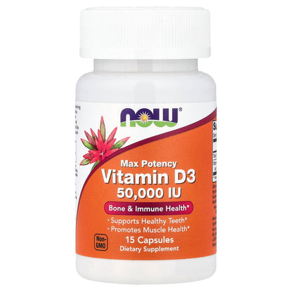 NOW Foods, Vitamin D3, Max Potency, 50,000 IU, 15 Capsules