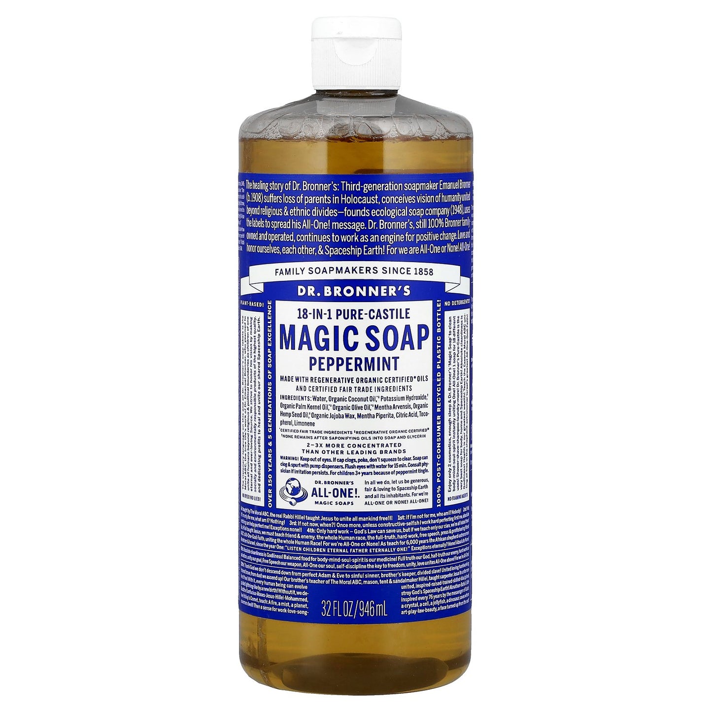 Dr. Bronner's, 18-in-1 Pure-Castile Magic Soap, Peppermint, 32 fl oz (946 ml)