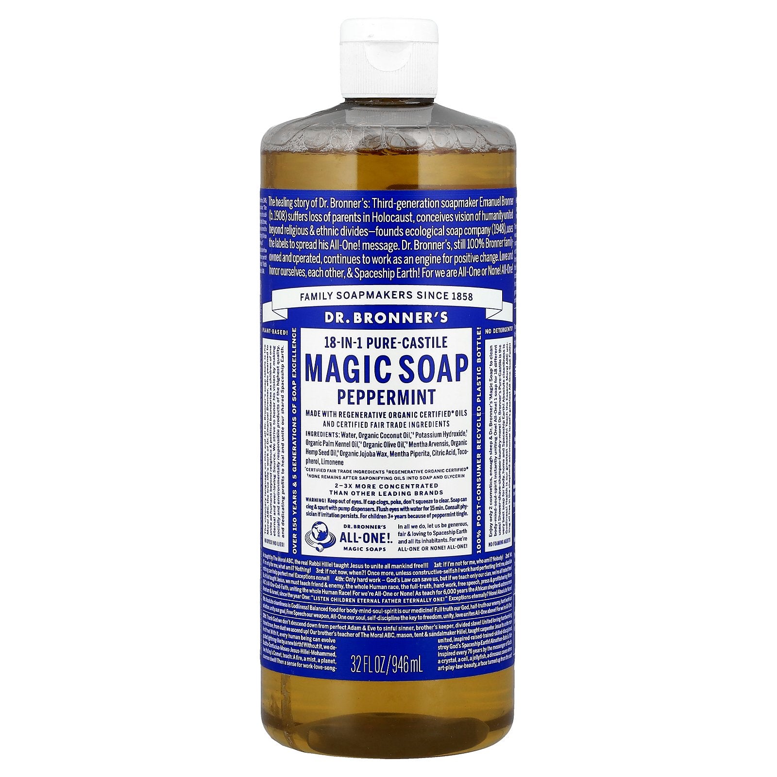 Dr. Bronner's, 18-in-1 Pure-Castile Magic Soap, Peppermint, 32 fl oz (946 ml)