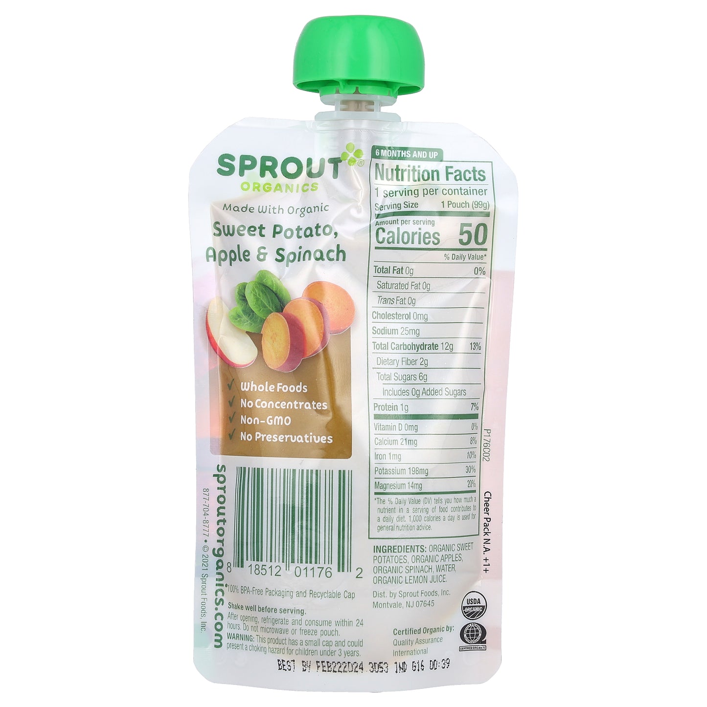 Sprout Organics, Baby Food, 6 Months & Up, Sweet Potato, Apple & Spinach, 3.5 oz (99 g)