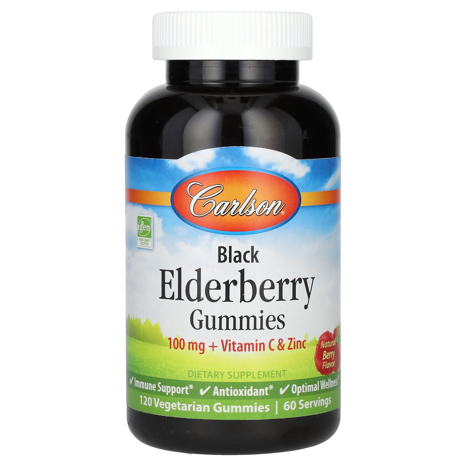 Carlson, Black Elderberry Gummies + Vitamin C & Zinc, Natural Berry, 120 Vegetarian Gummies