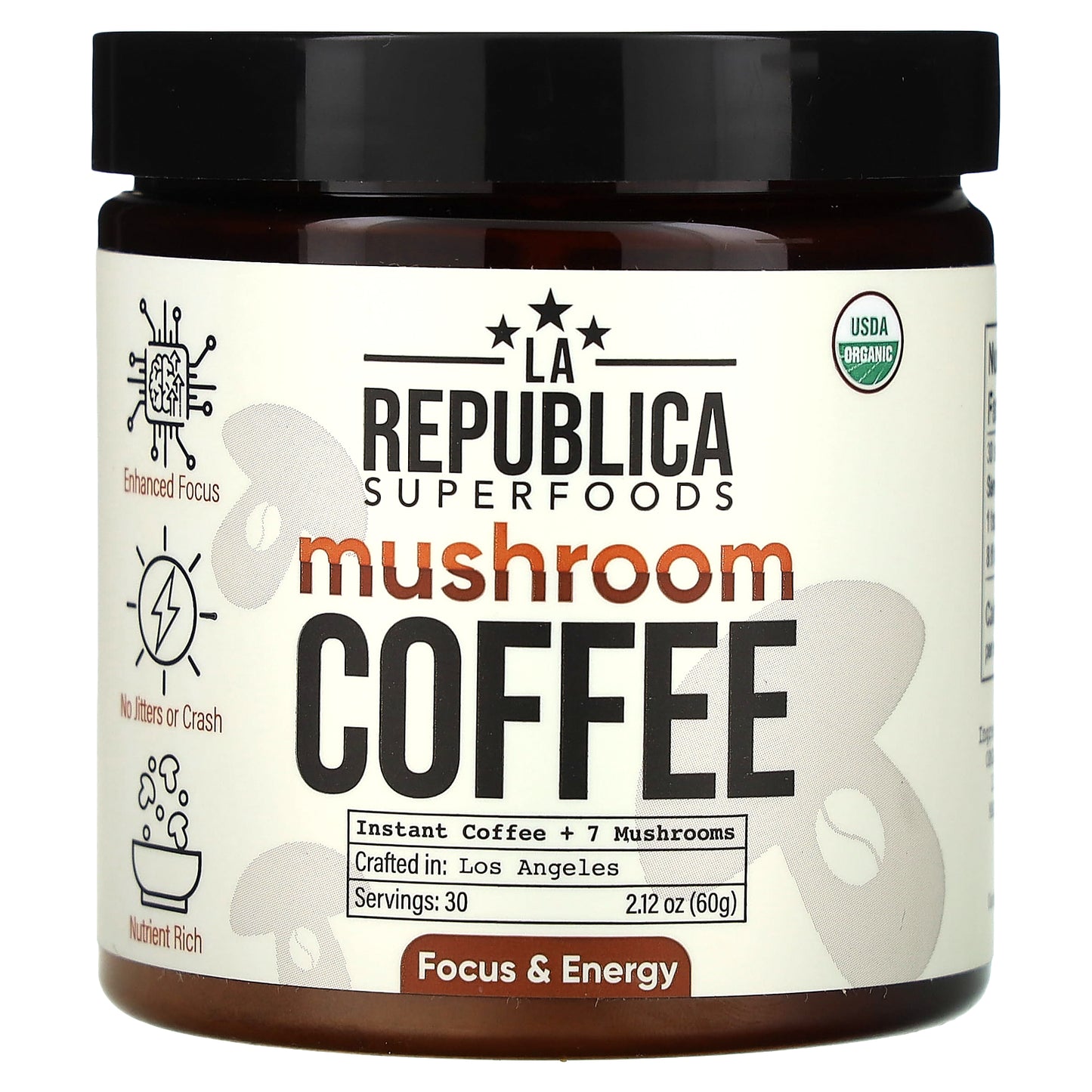 LA Republica, Mushroom Coffee, Instant Coffee + 7 Mushrooms, 2.12 oz (60 g)