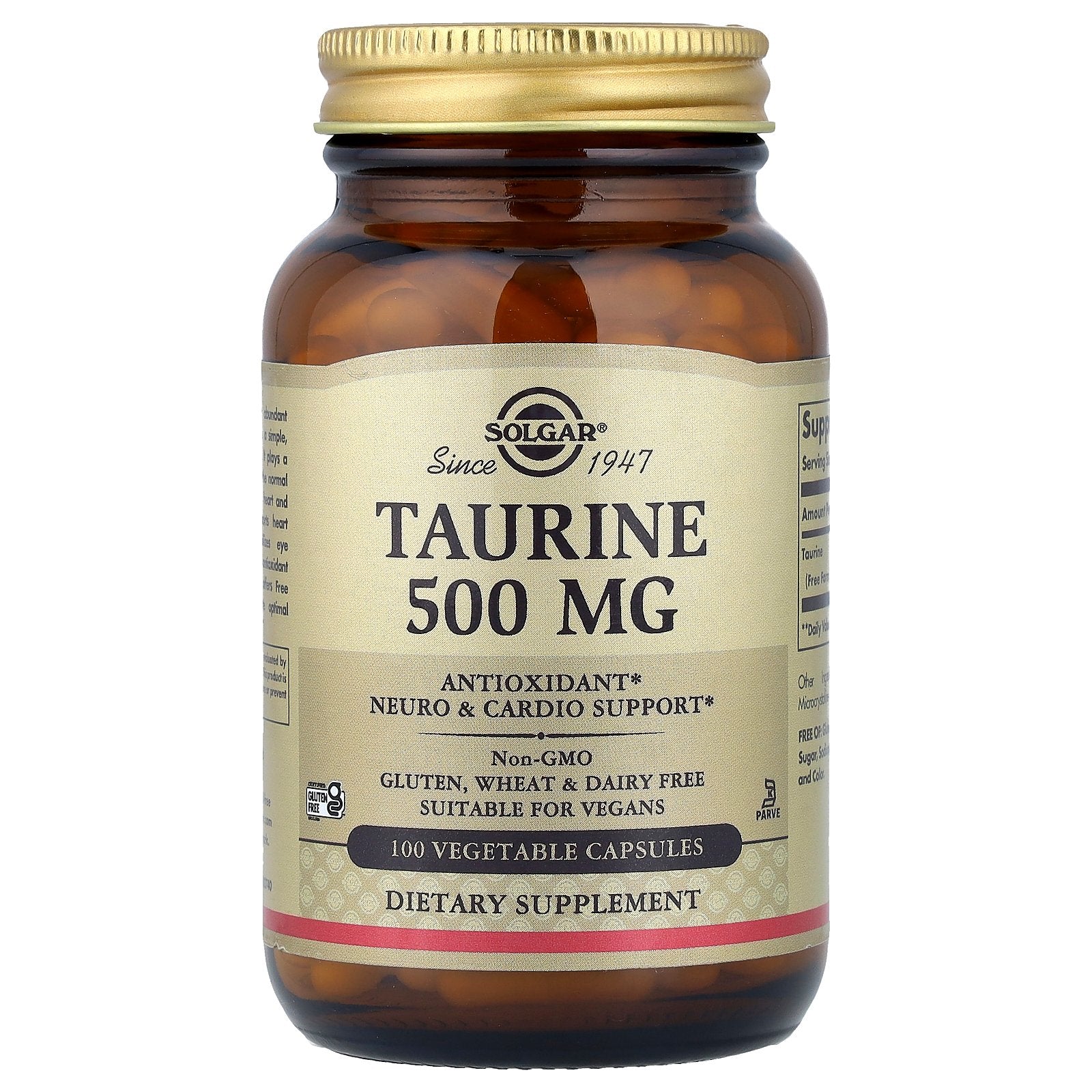Solgar, Taurine, 500 mg, 100 Vegetable Capsules