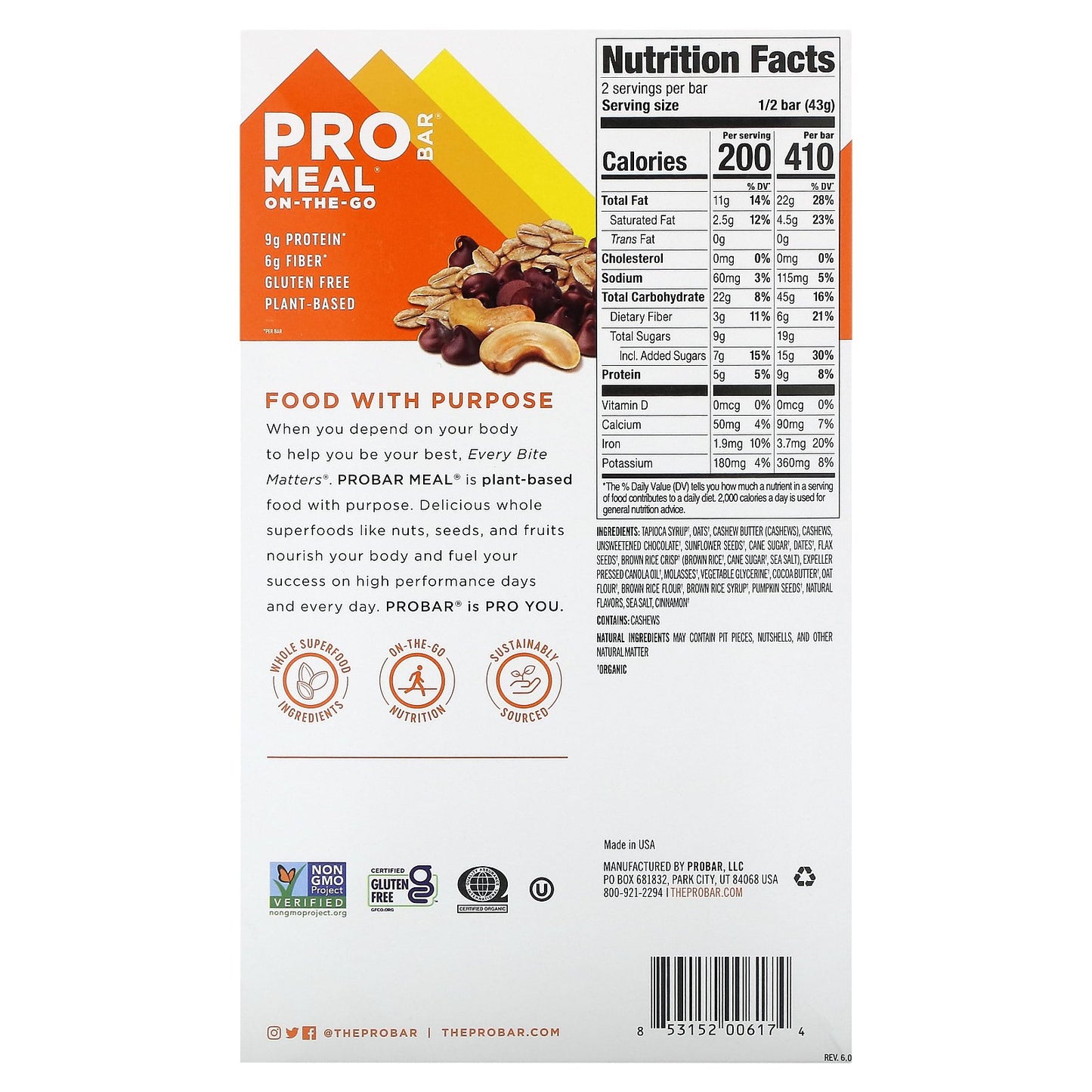 ProBar, Meal-On-The-Go, Oatmeal Chocolate Chip, 12 Bars, 3 oz (85 g) Each