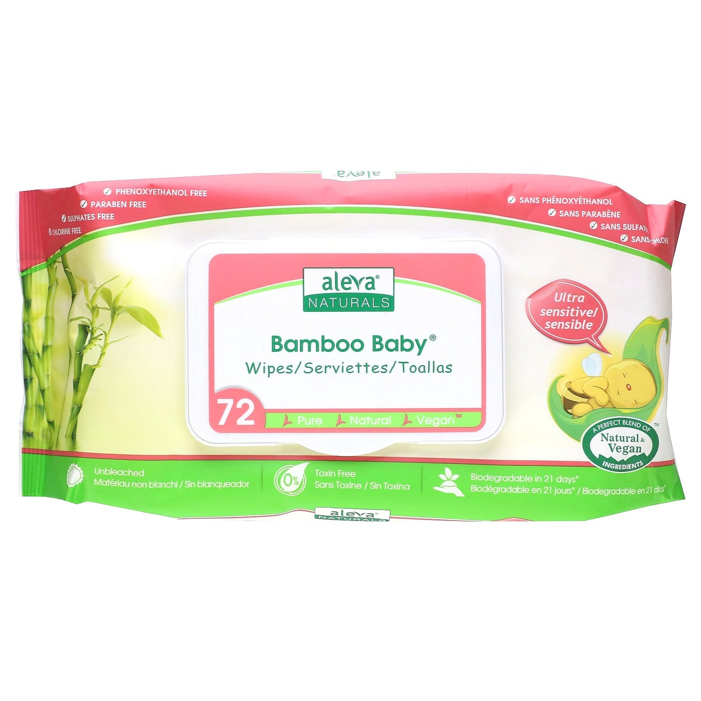 Aleva Naturals, Bamboo Baby Wipes, Ultra Sensitive, 72 Wipes