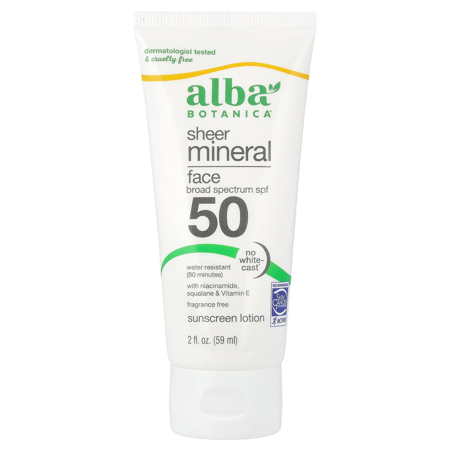 Alba Botanica, Sheer Mineral Face Sunscreen Lotion, SPF 50, Fragrance Free, 2 fl oz (59 ml)