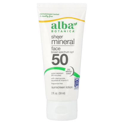 Alba Botanica, Sheer Mineral Face Sunscreen Lotion, SPF 50, Fragrance Free, 2 fl oz (59 ml)