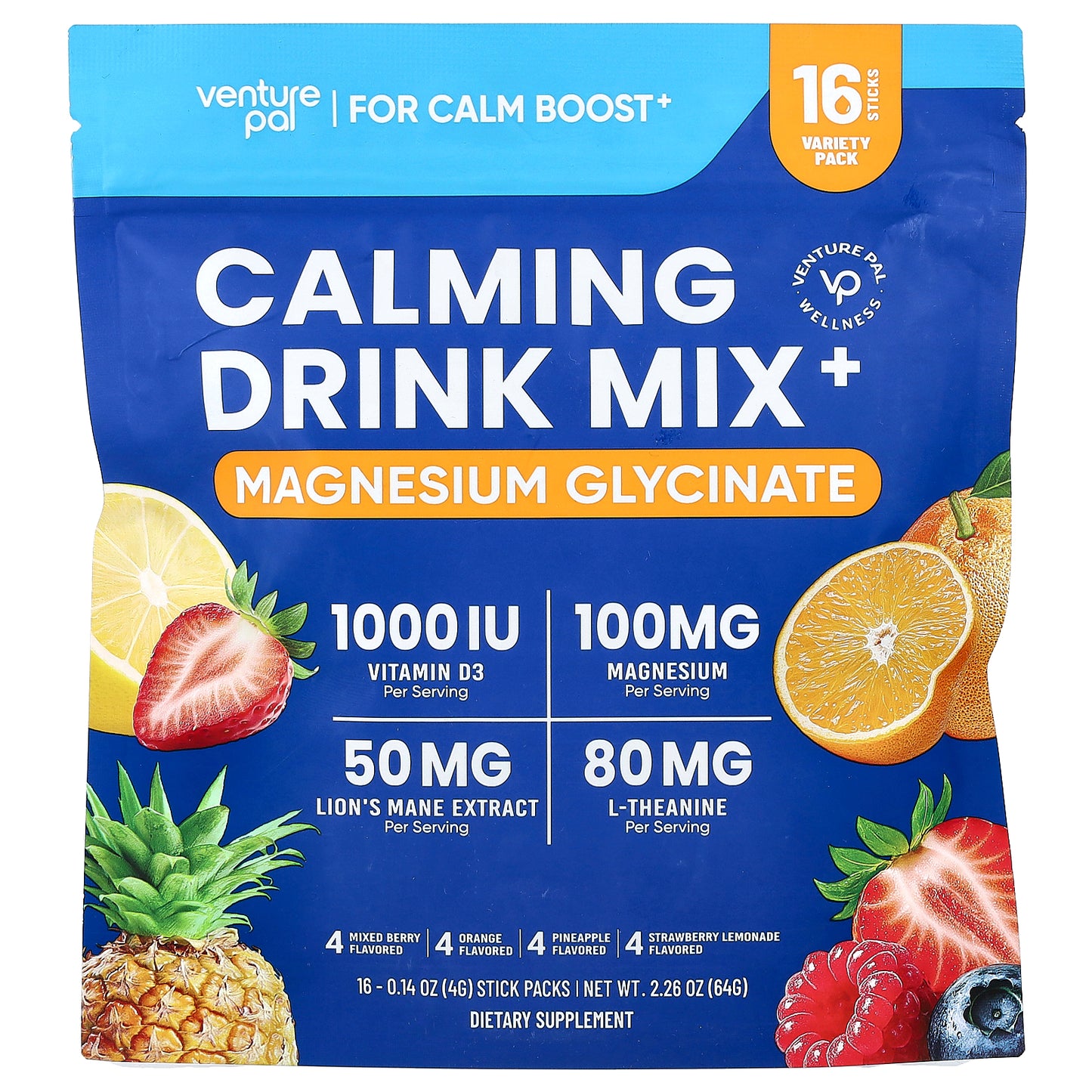 Venture Pal, Calming Drink Mix+, Magnesium Glycinate, Variety, 16 Stick Packs, 0.14 oz (4 g) Each