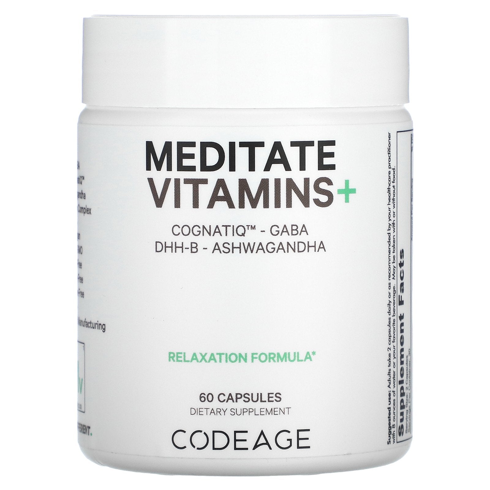 Codeage, Meditate Vitamins+, CognatiQ, GABA, DHH-B, Ashwagandha, 60 Capsules