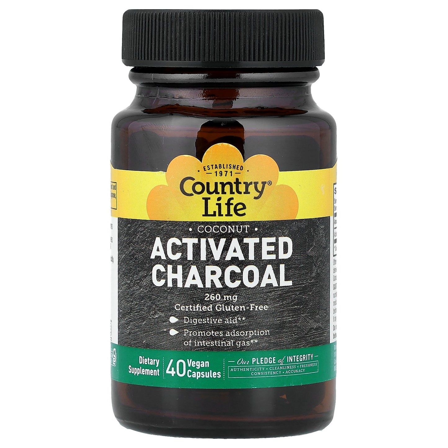 Country Life, Activated Charcoal, Coconut, 40 Vegan Capsules (260 mg per Capsule)