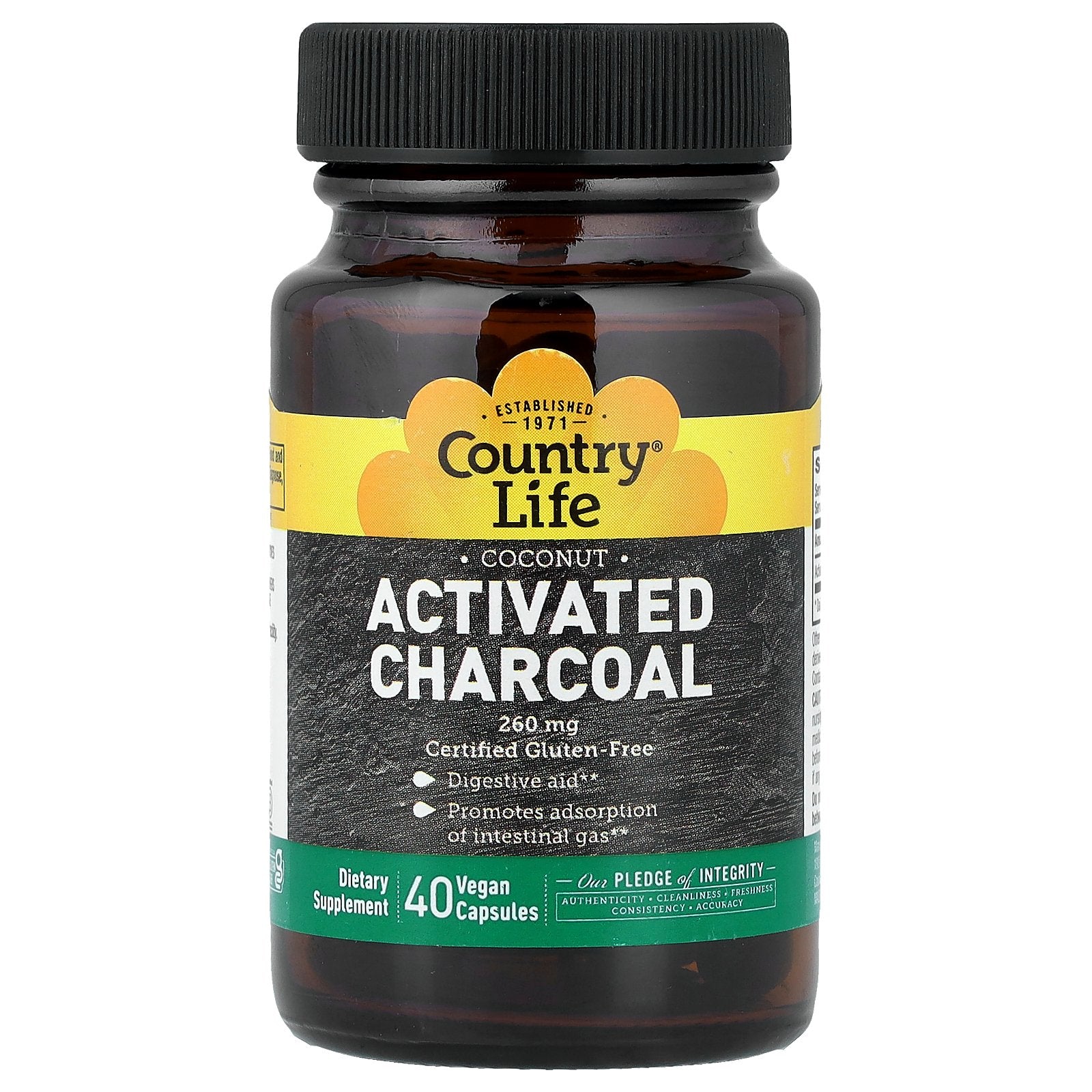 Country Life, Activated Charcoal, Coconut, 40 Vegan Capsules (260 mg per Capsule)