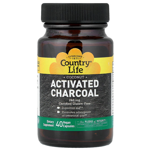 Country Life, Activated Charcoal, Coconut, 40 Vegan Capsules (260 mg per Capsule)