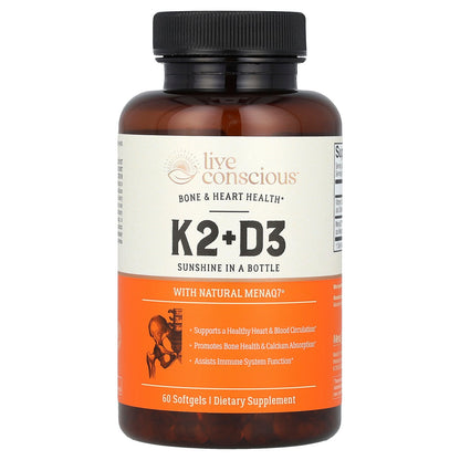 Live Conscious, K2+D3, 60 Softgels