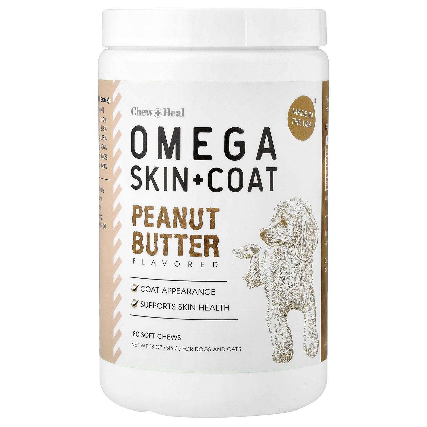 Chew + Heal, Omega Skin + Coat, For Dogs and Cats, Peanut Butter , 180 Soft Chews, 18 oz (513 g)