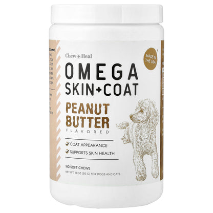 Chew + Heal, Omega Skin + Coat, For Dogs and Cats, Peanut Butter , 180 Soft Chews, 18 oz (513 g)