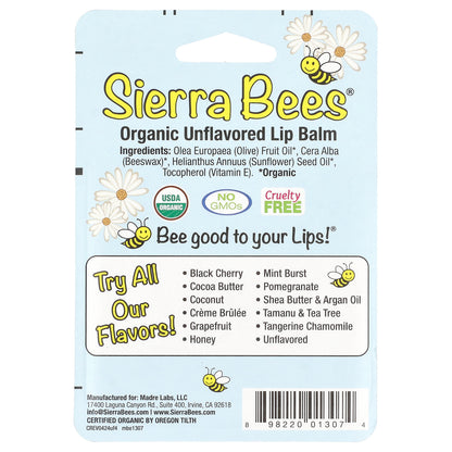 Sierra Bees, Organic Lip Balms, Unflavored, 4 Pack, 0.15 oz (4.25 g) Each