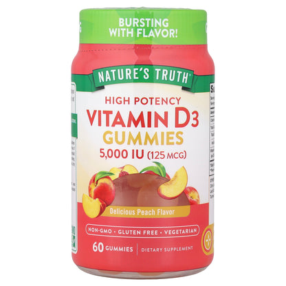 Nature's Truth, Vitamin D3 Gummies, High Potency, Delicious Peach , 125 mcg (5,000 IU), 60 Gummies
