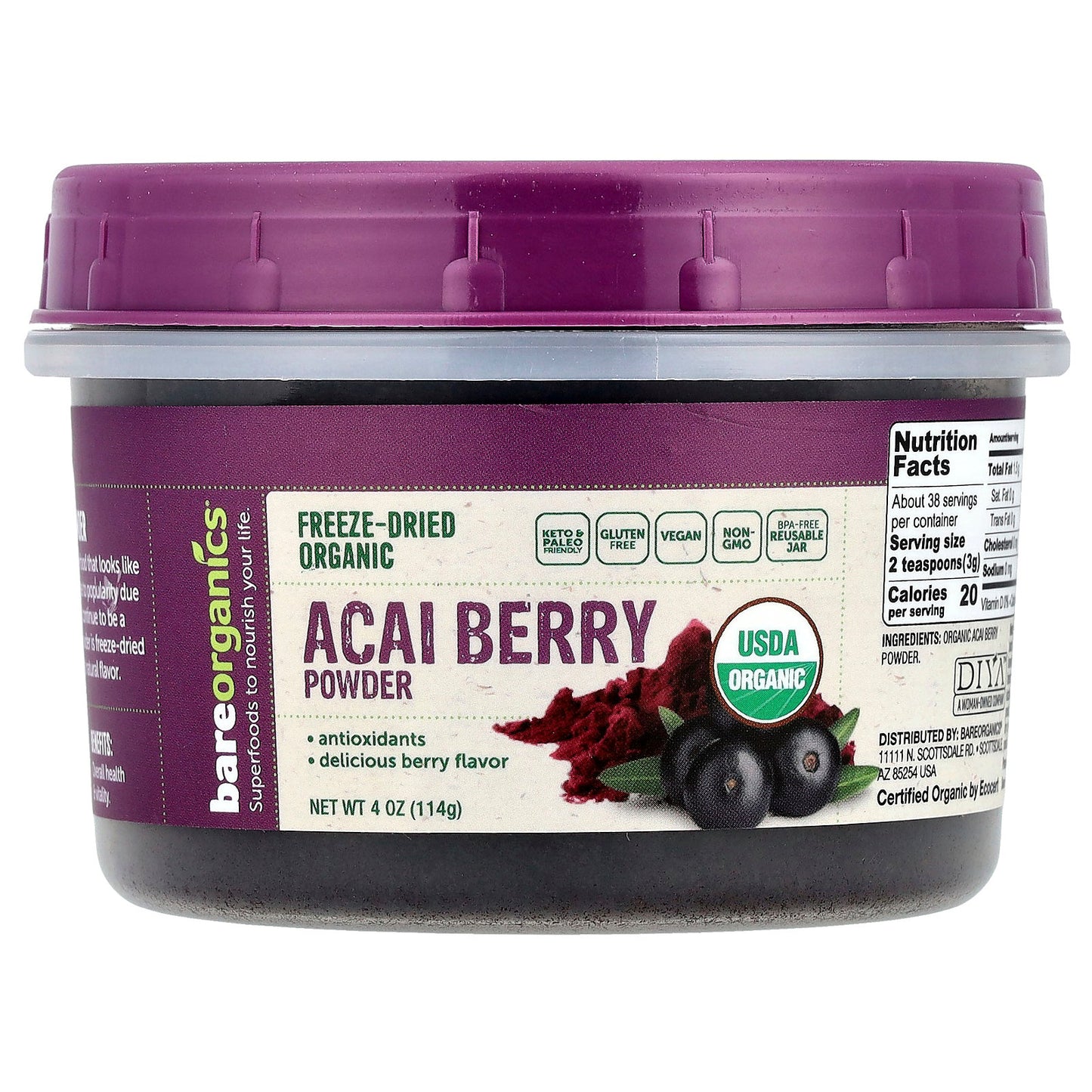 BareOrganics, Freeze-Dried Raw Organic Acai Berry Powder, 4 oz (114 g)