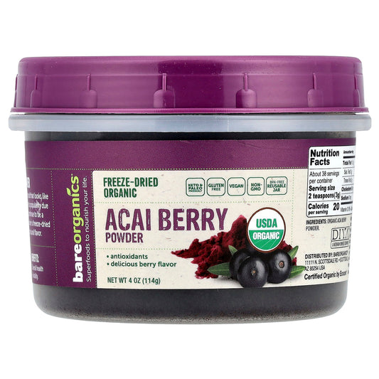 BareOrganics, Freeze-Dried Raw Organic Acai Berry Powder, 4 oz (114 g)