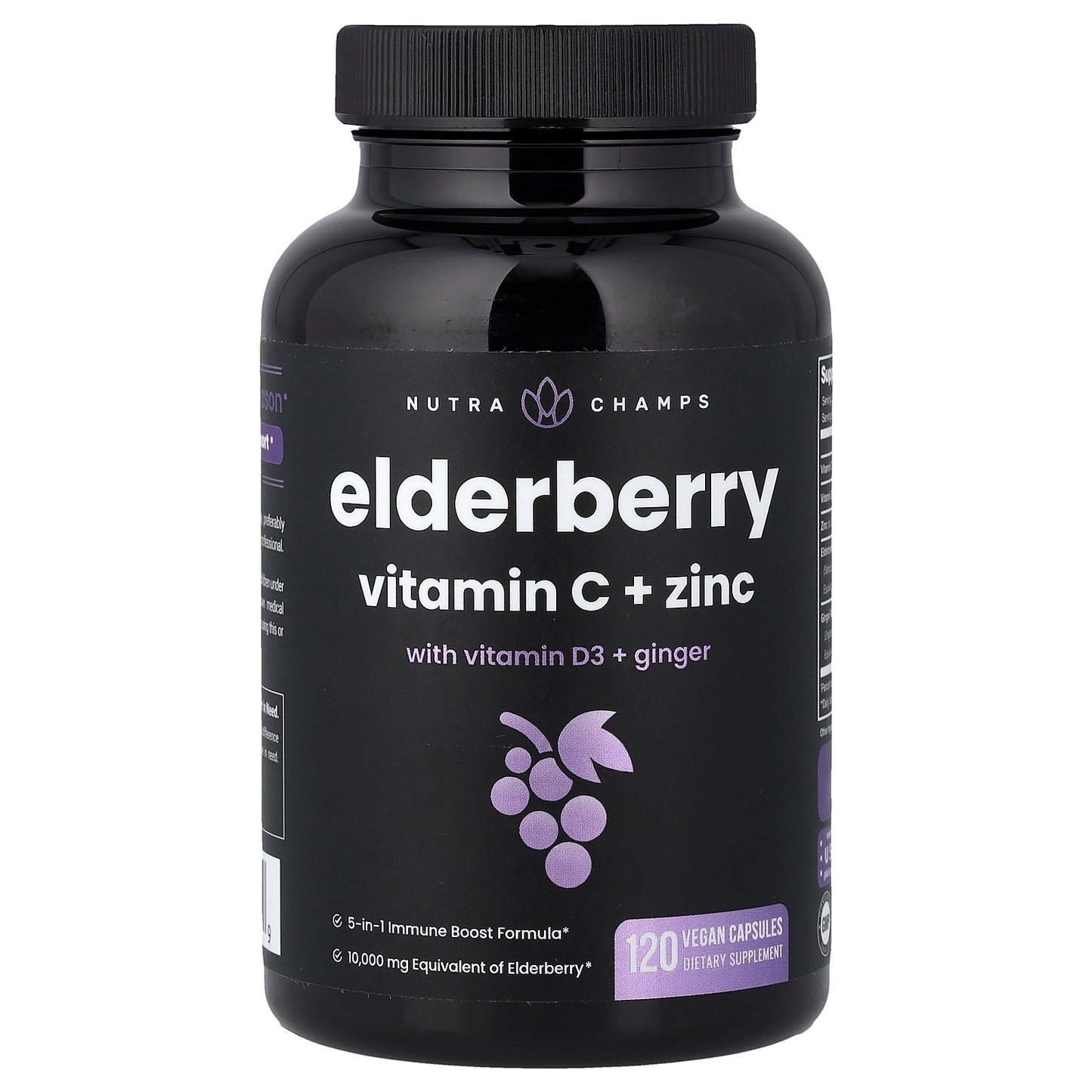 NutraChamps, Elderberry, Vitamin C + Zinc with Vitamin D3 + Ginger, 120 Vegan Capsules