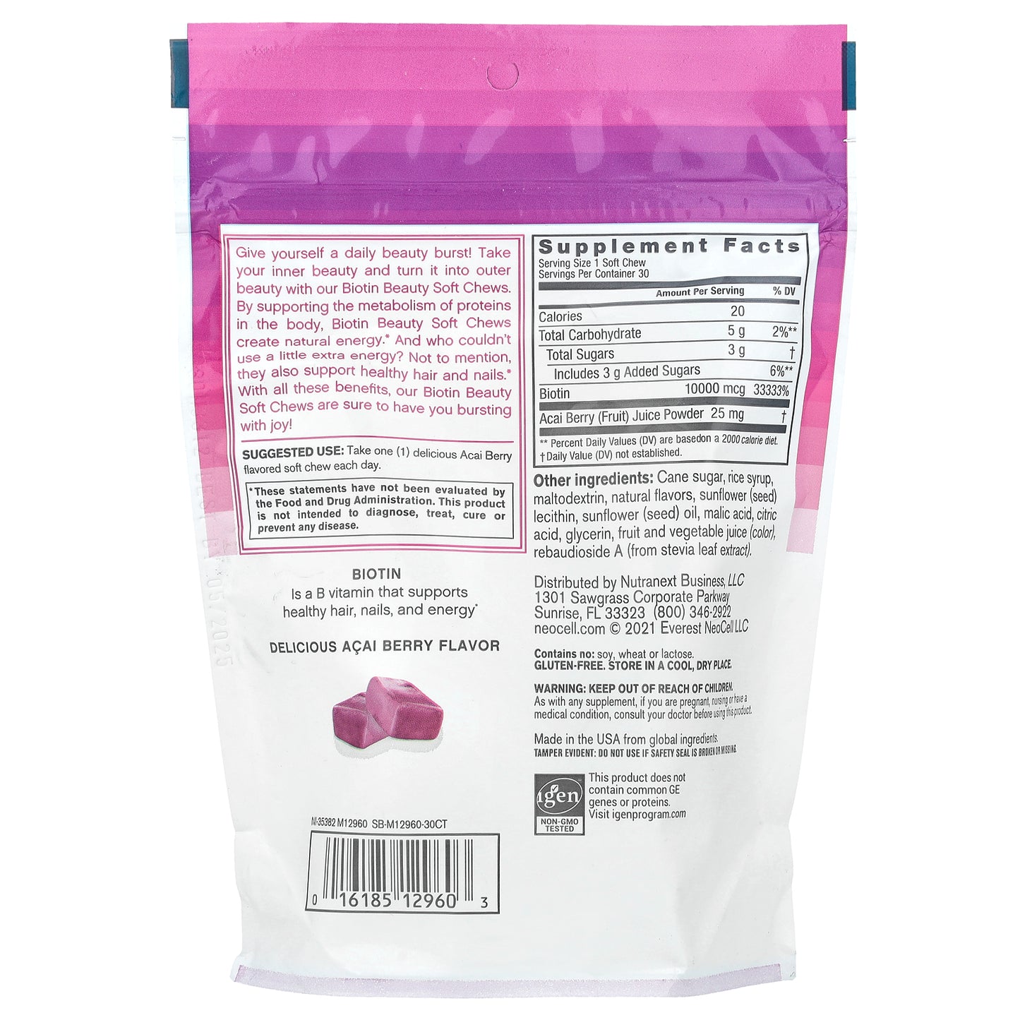 NeoCell, Biotin Beauty Soft Chews,  Acai Berry , 10,000 mcg, 30 Soft Chews