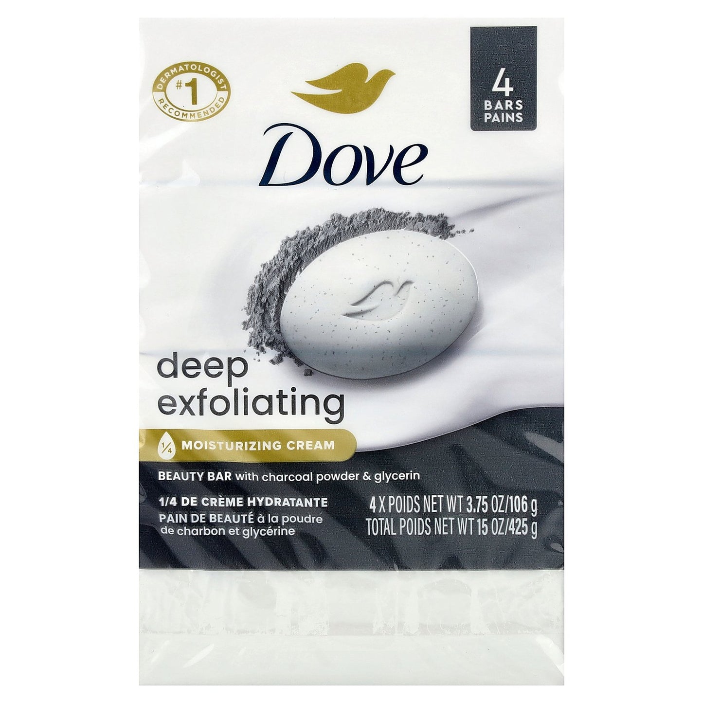 Dove, Deep Exfoliating Beauty Bar with Charcoal Powder & Glycerin, 4 Bars, 3.75 oz (106 g) Each
