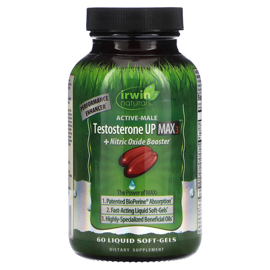 Irwin Naturals, Active-Male, Testosterone Up Max 3 + Nitric Oxide Booster, 60 Liquid Soft-Gels