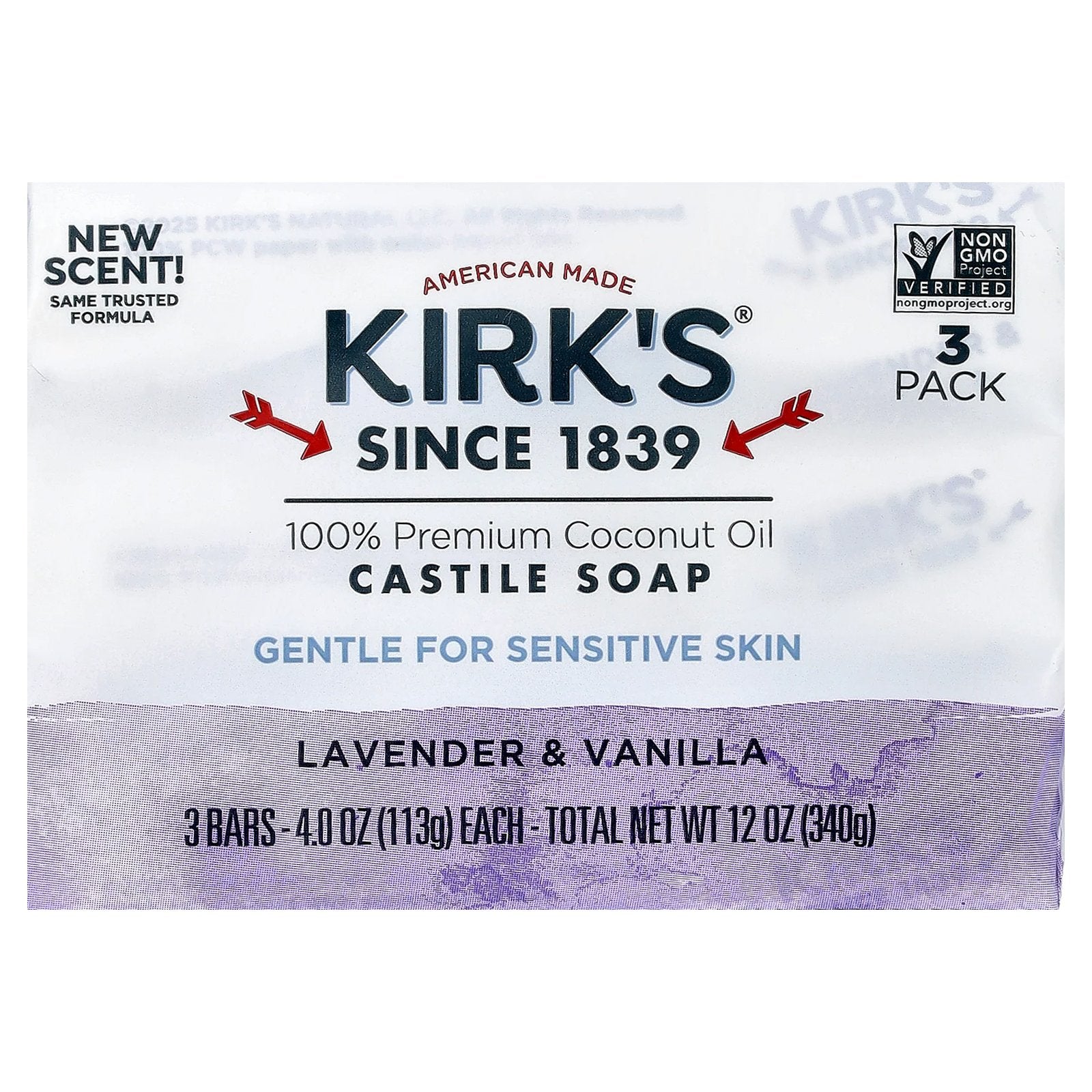 Kirk's, 100% Premium Coconut Oil Castile Bar Soap, Lavender & Vanilla, 3 Bars, 4 oz (113 g) Each