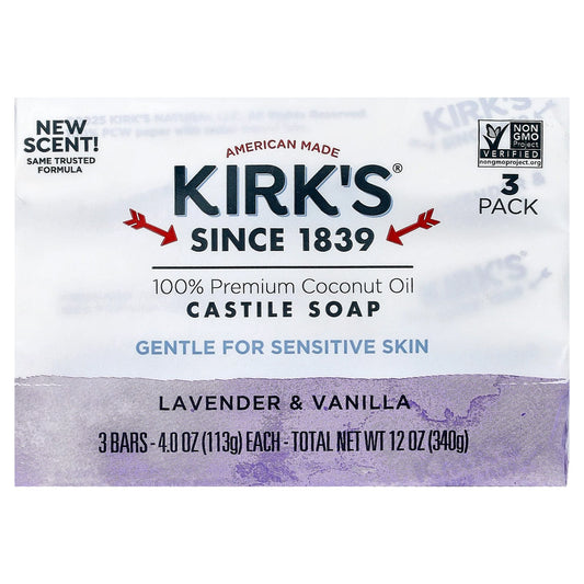 Kirk's, 100% Premium Coconut Oil Castile Bar Soap, Lavender & Vanilla, 3 Bars, 4 oz (113 g) Each