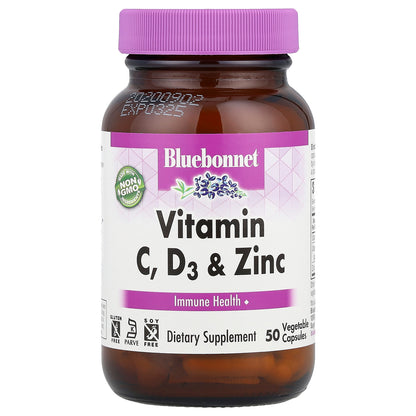 Bluebonnet Nutrition, Vitamin C, D3 & Zinc, 50 Vegetable Capsules