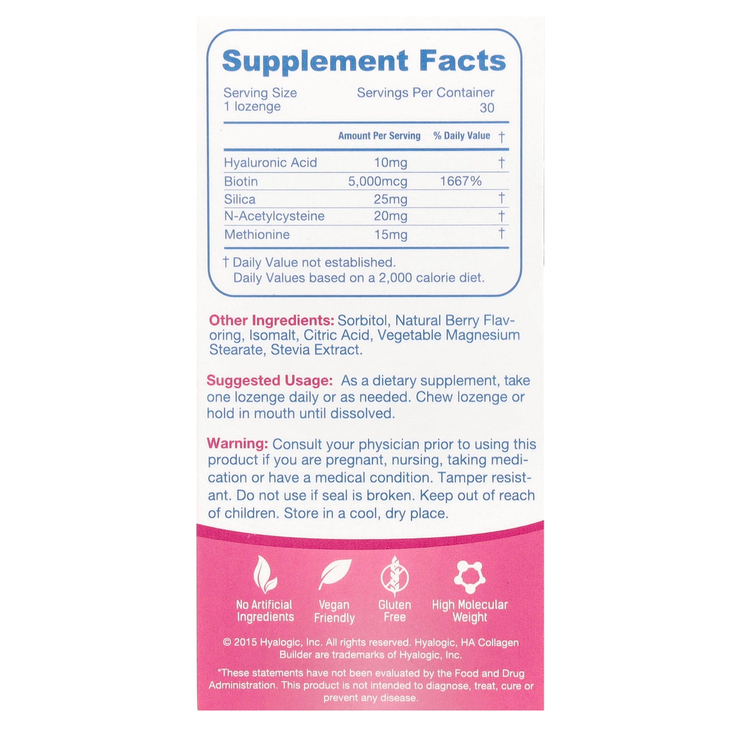 Hyalogic, HA Collagen Builder, Hyaluronic Acid + Biotin +Silica, Mixed Berry, 30 Chewable Lozenges