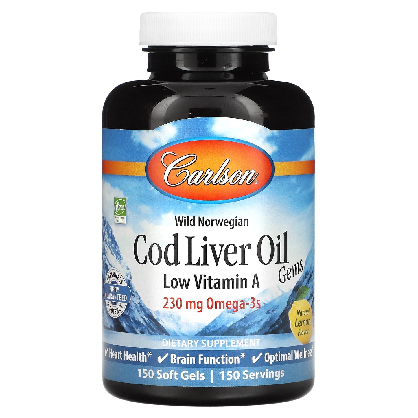 Carlson, Wild Norwegian, Cod Liver Oil Gems, Low Vitamin A, Natural Lemon , 230 mg, 150 Soft Gels