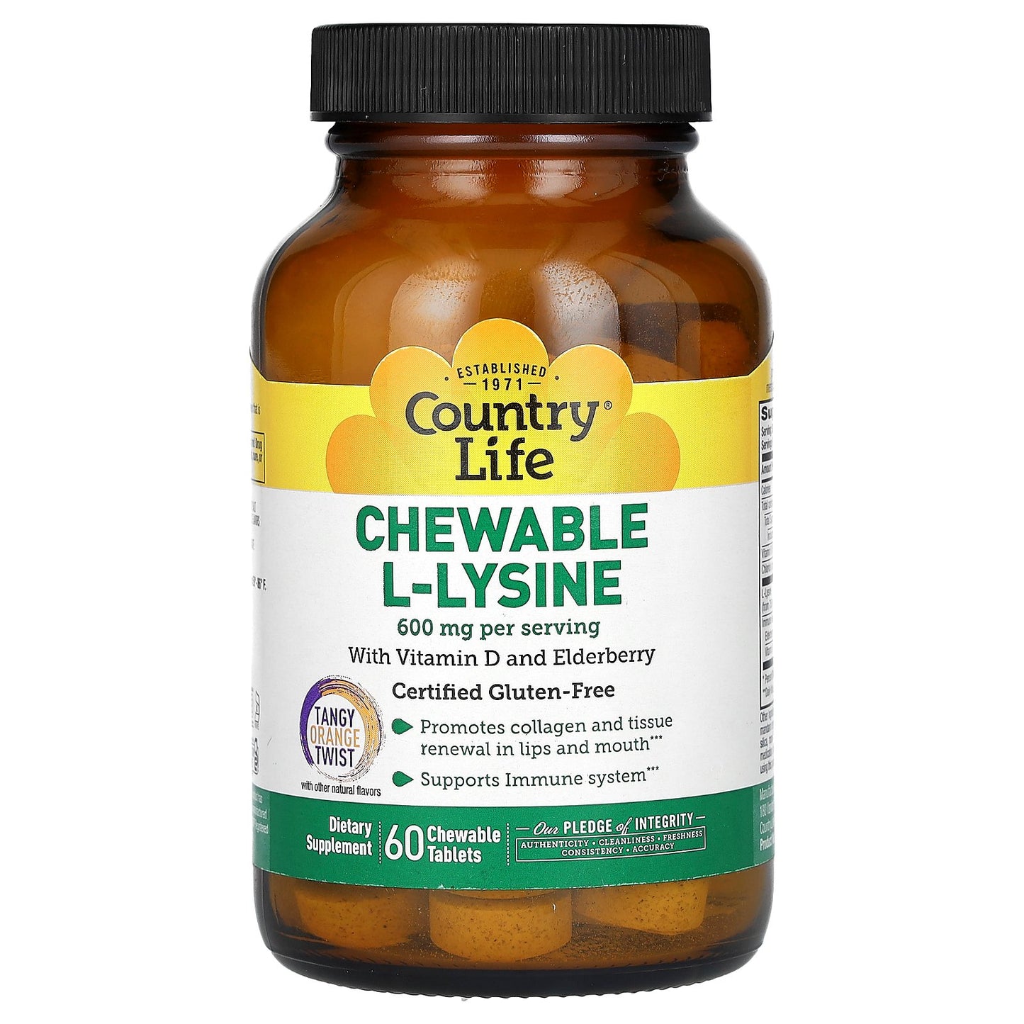 Country Life, Chewable L-Lysine With Vitamin D and Elderberry, Tangy Orange Twist, 60 Chewable Tablets