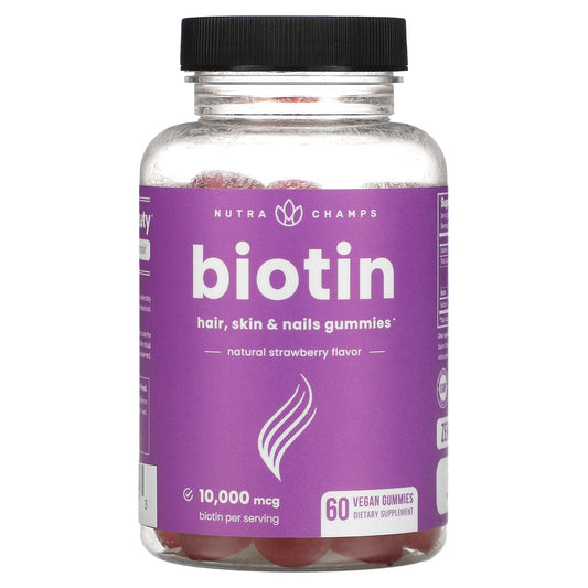 NutraChamps, Biotin Gummies, Natural Strawberry, 10,000 mcg, 60 Vegan Gummies (5,000 mcg per Gummy)