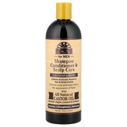 Okay Pure Naturals,  For Men, Shampoo Conditioner & Scalp Care, 3-in-1 Hair & Beard, 16 oz (473 ml)