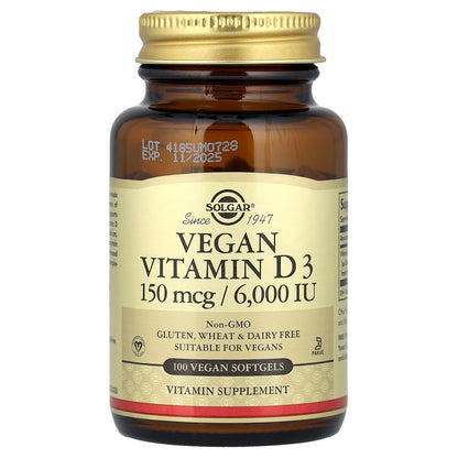 Solgar, Vegan Vitamin D3, 150 mcg  (6,000 IU), 100 Vegan Softgels