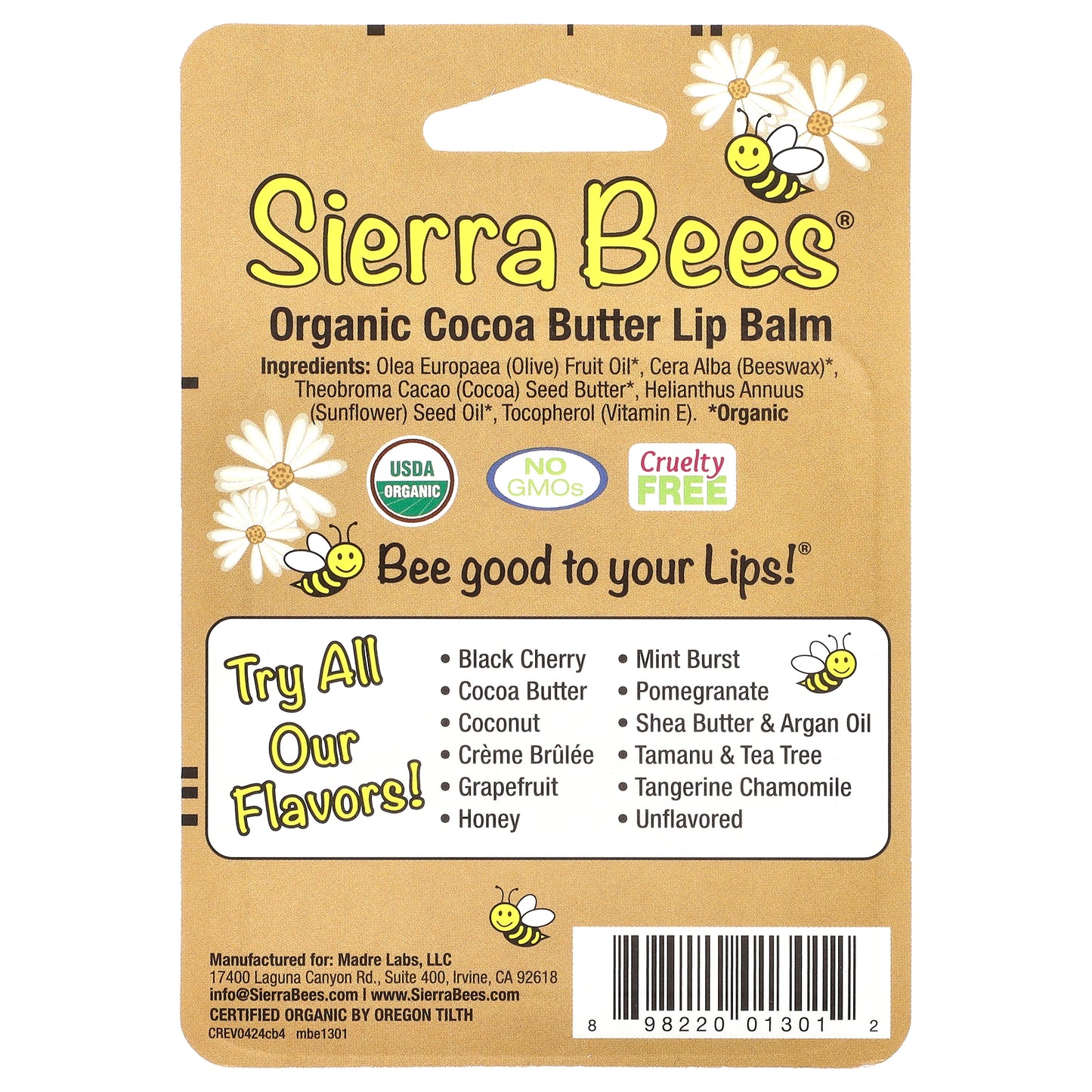 Sierra Bees, Organic Lip Balms, Cocoa Butter, 4 Pack, 0.15 oz (4.25 g) Each